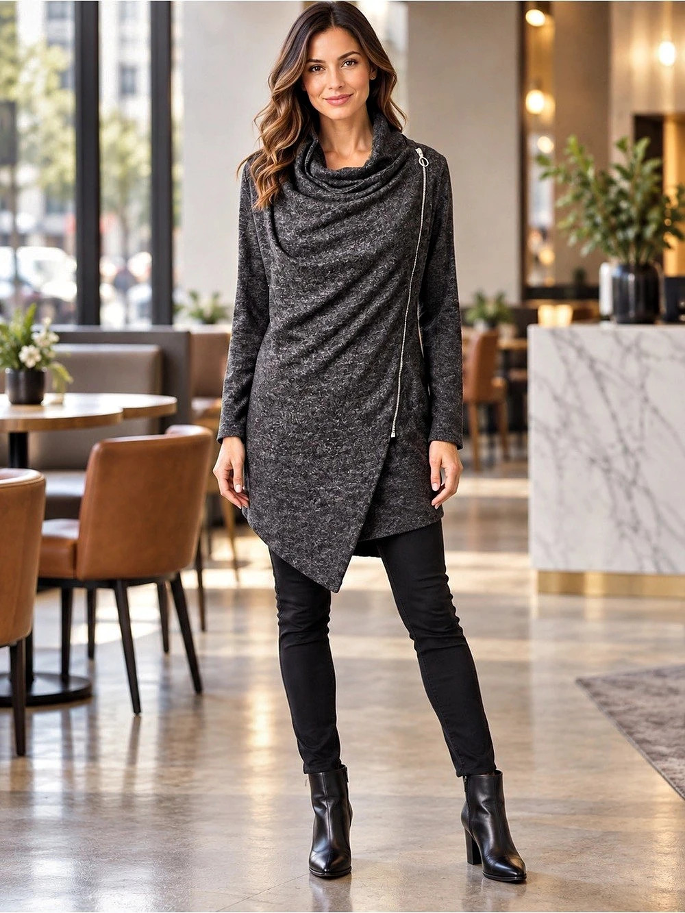 386) HYBA29 Cowl Neck Tunic in Black Size Large Like New